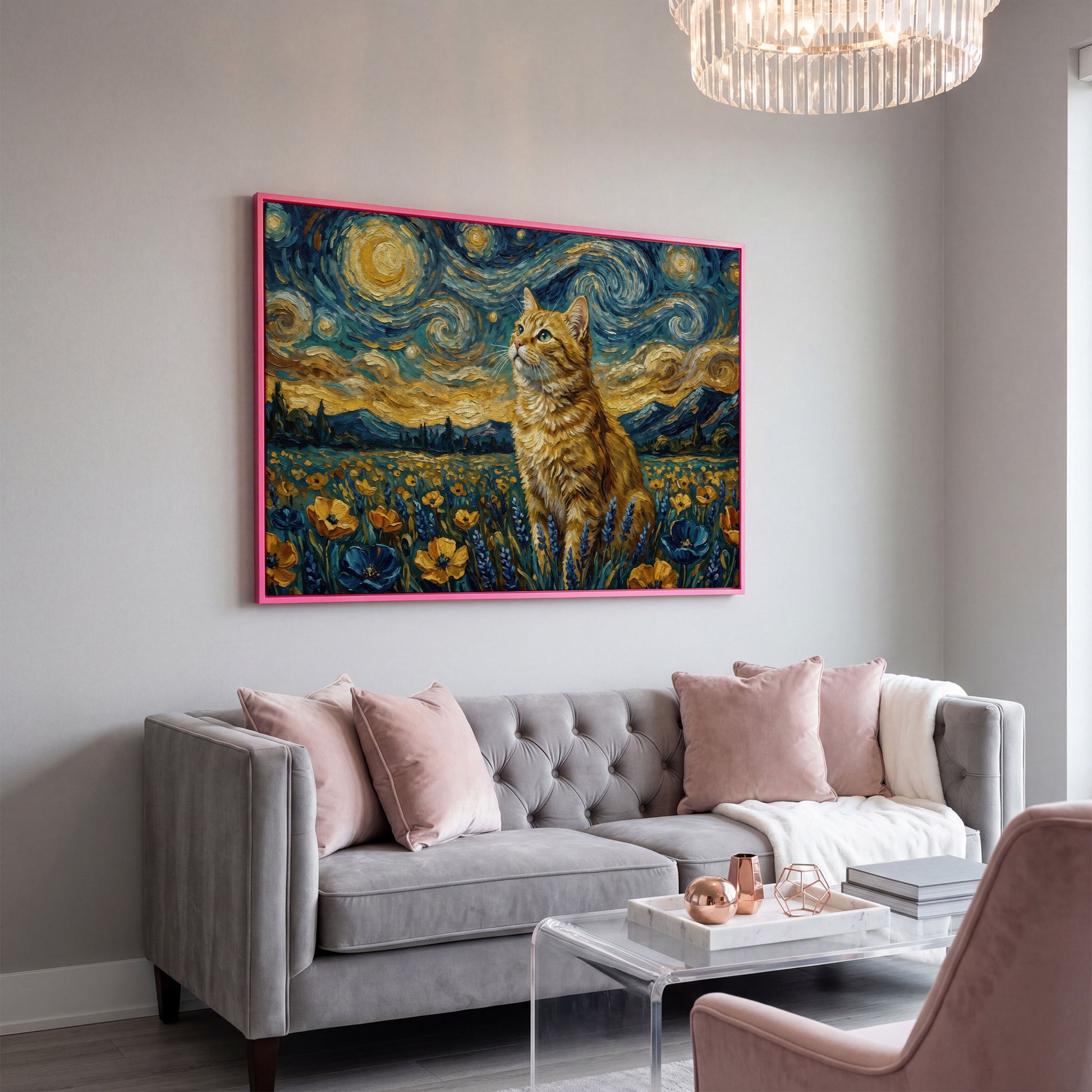 Golden Tabby Cat in a Starry Night Flower Field Canvas Art in pink floating frame
