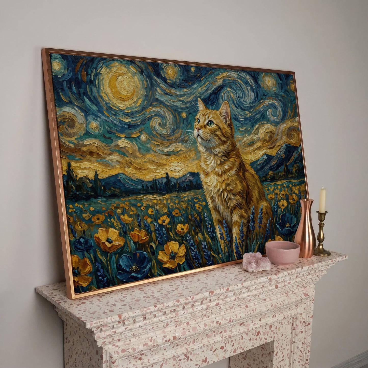 Golden Tabby Cat in a Starry Night Flower Field Canvas Art in rose gold floating frame