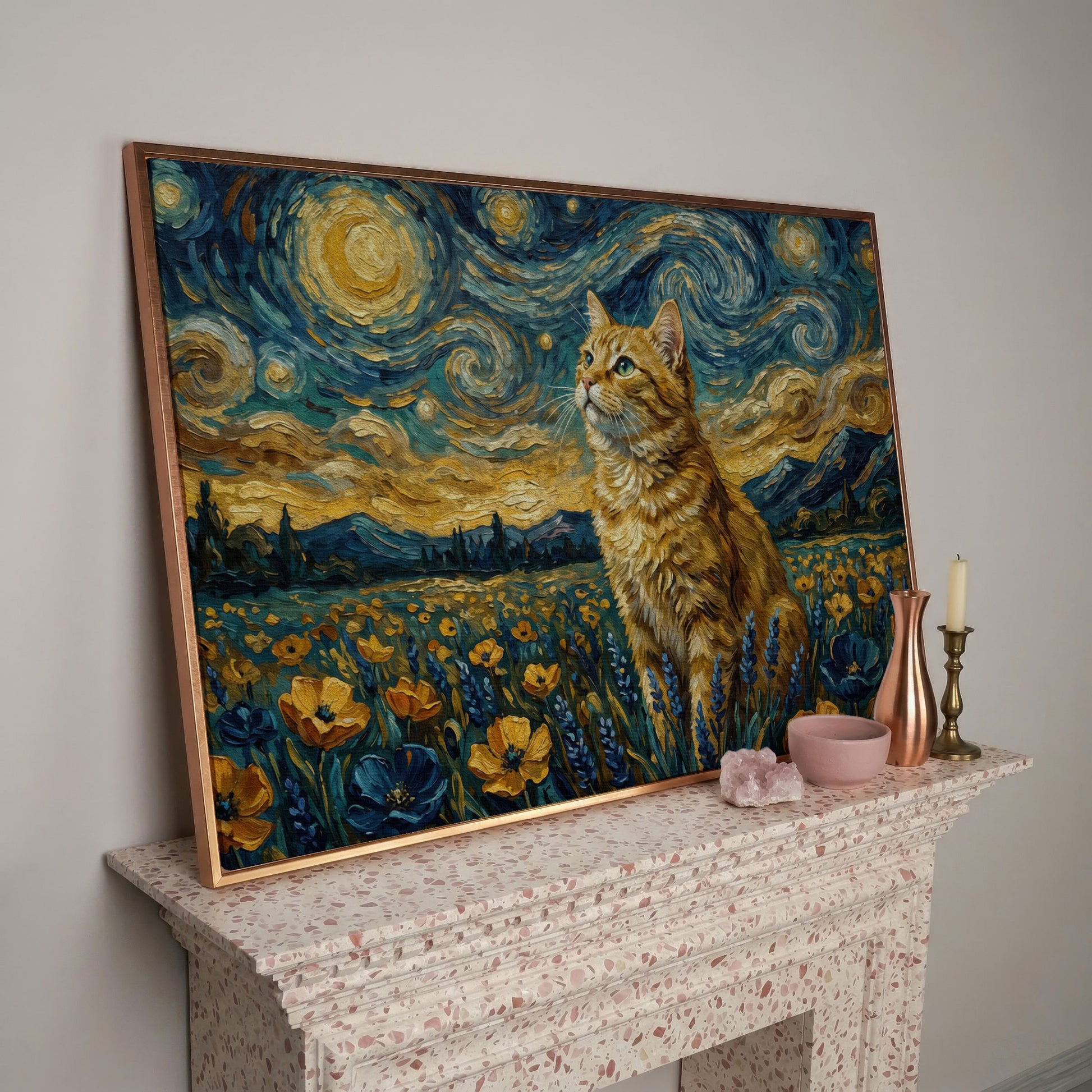 Golden Tabby Cat in a Starry Night Flower Field Canvas Art in rose gold floating frame