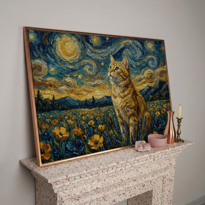Golden Tabby Cat in a Starry Night Flower Field Canvas Art in rose gold floating frame