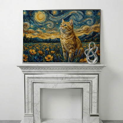 Golden Tabby Cat in a Starry Night Flower Field Canvas Art in silver floating frame