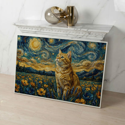 Golden Tabby Cat in a Starry Night Flower Field Canvas Art in white floating frame