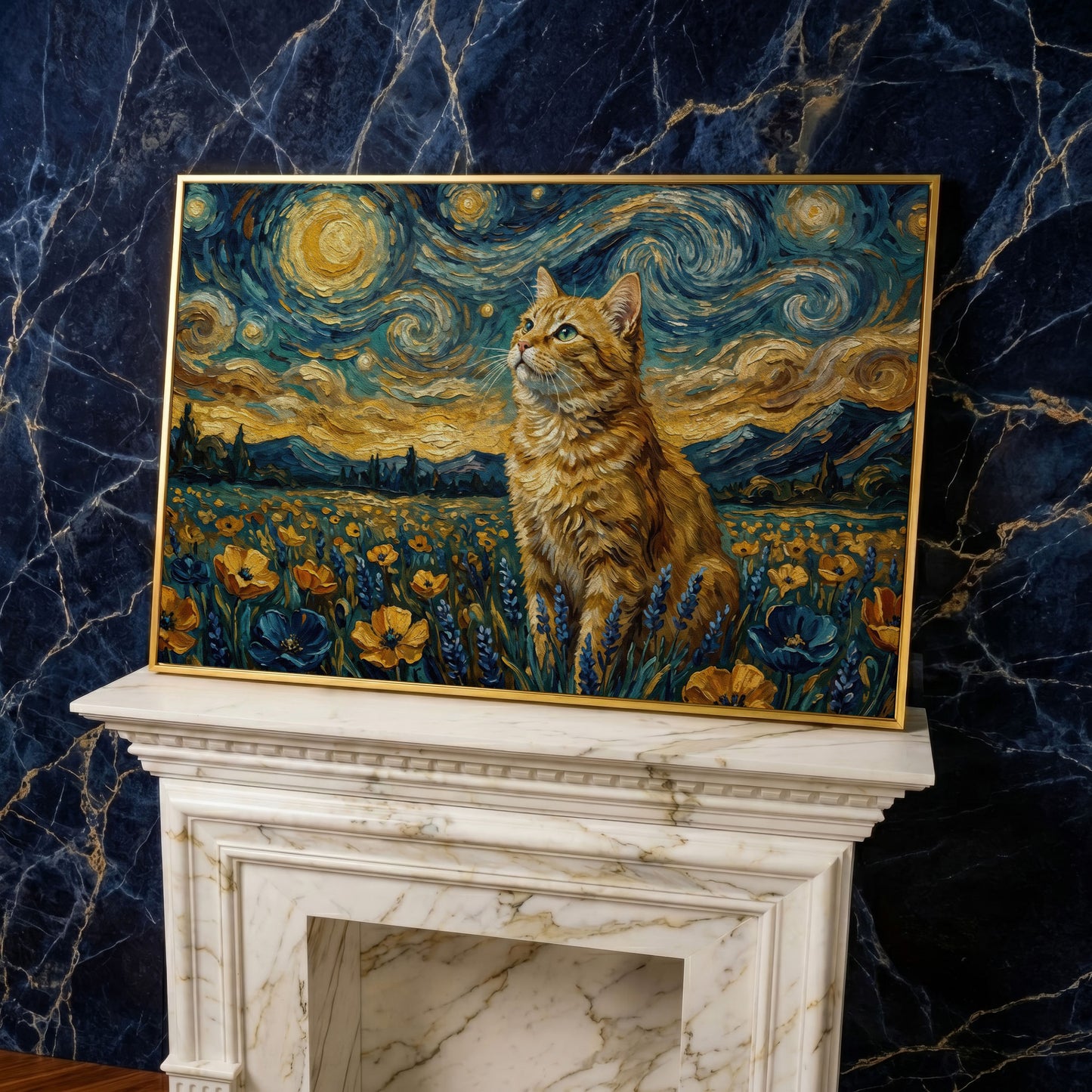 Golden Tabby Cat in a Starry Night Flower Field Canvas Art in yellow gold floating frame