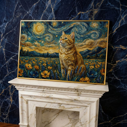 Golden Tabby Cat in a Starry Night Flower Field Canvas Art in yellow gold floating frame