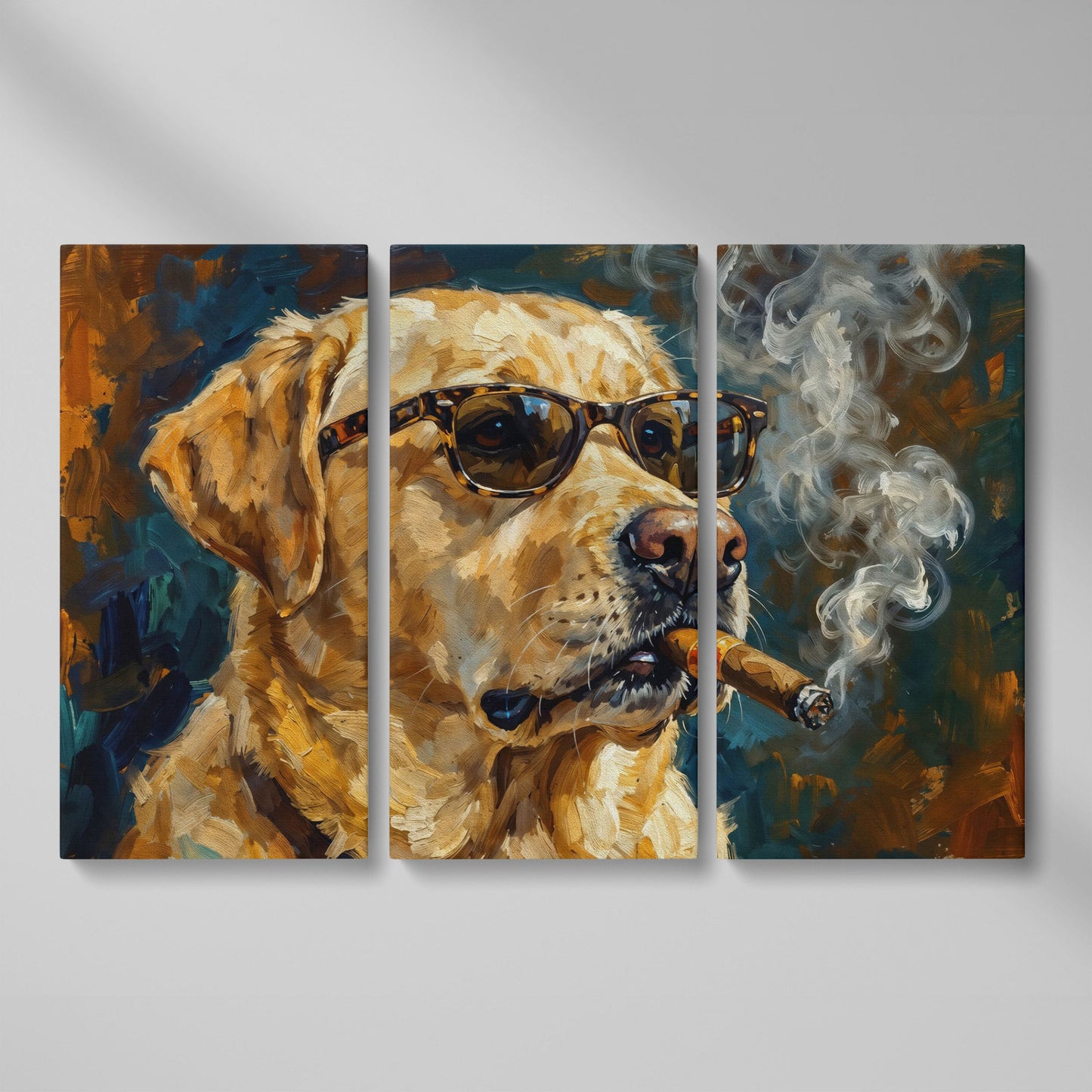Golden Retriever in Sunglasses and Cigar Canvas Wall Art as 3-panel split version
