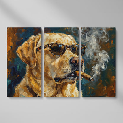 Golden Retriever in Sunglasses and Cigar Canvas Wall Art as 3-panel split version