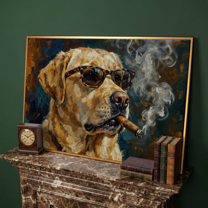 Golden Retriever in Sunglasses and Cigar Canvas Wall Art in antique gold floating frame