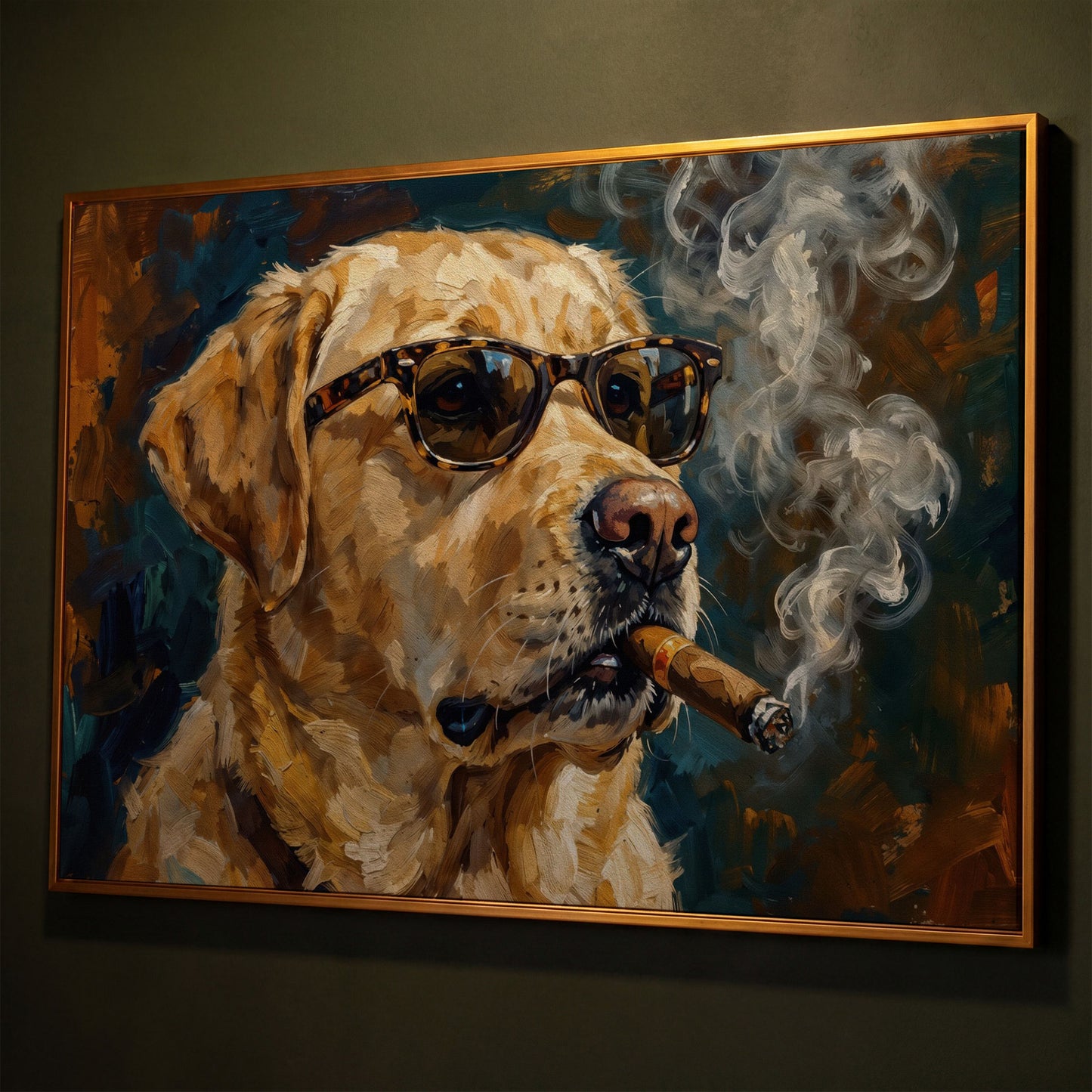 Golden Retriever in Sunglasses and Cigar Canvas Wall Art shown in antique gold floating frame