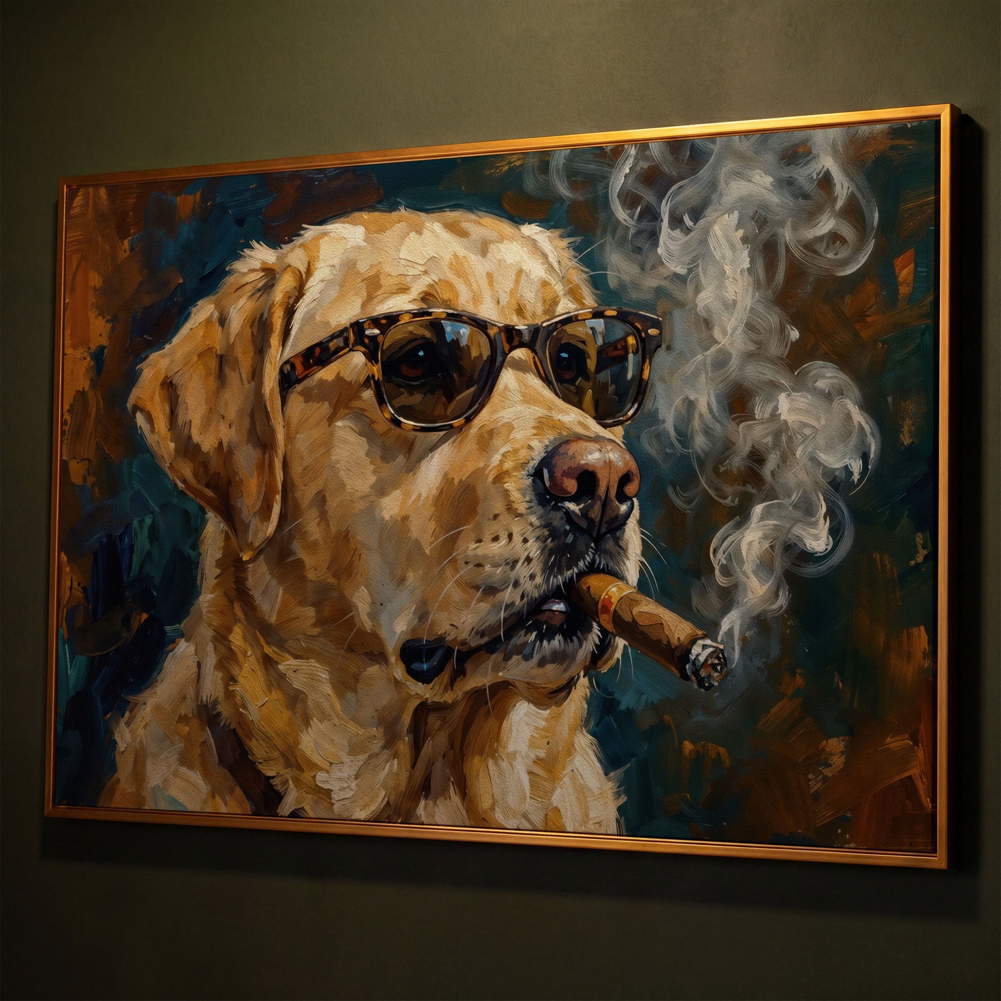 Golden Retriever in Sunglasses and Cigar Canvas Wall Art shown in antique gold floating frame