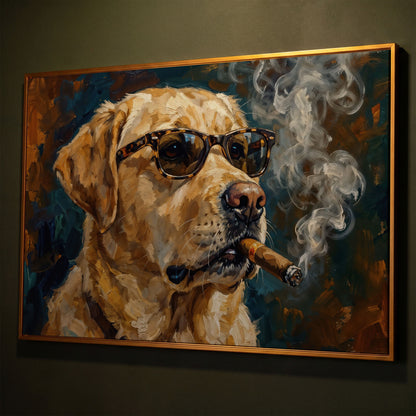 Golden Retriever in Sunglasses and Cigar Canvas Wall Art shown in antique gold floating frame