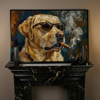 Golden Retriever in Sunglasses and Cigar Canvas Wall Art in black floating frame