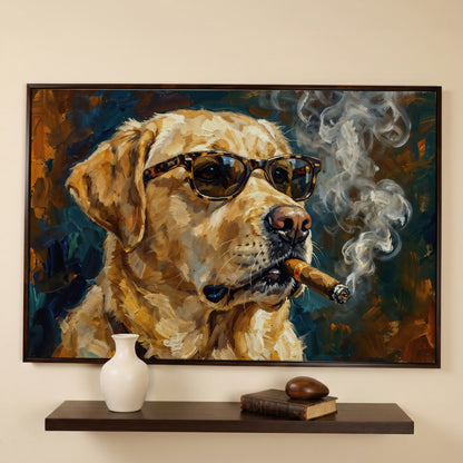 Golden Retriever in Sunglasses and Cigar Canvas Wall Art in dark walnut floating frame
