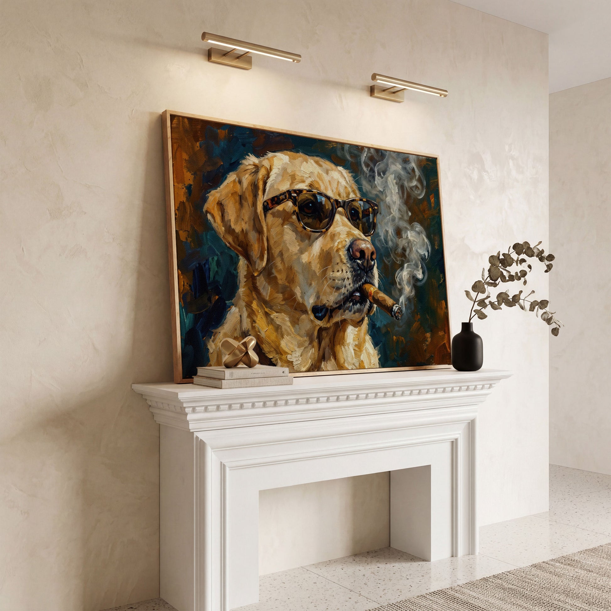 Golden Retriever in Sunglasses and Cigar Canvas Wall Art in white oak floating frame