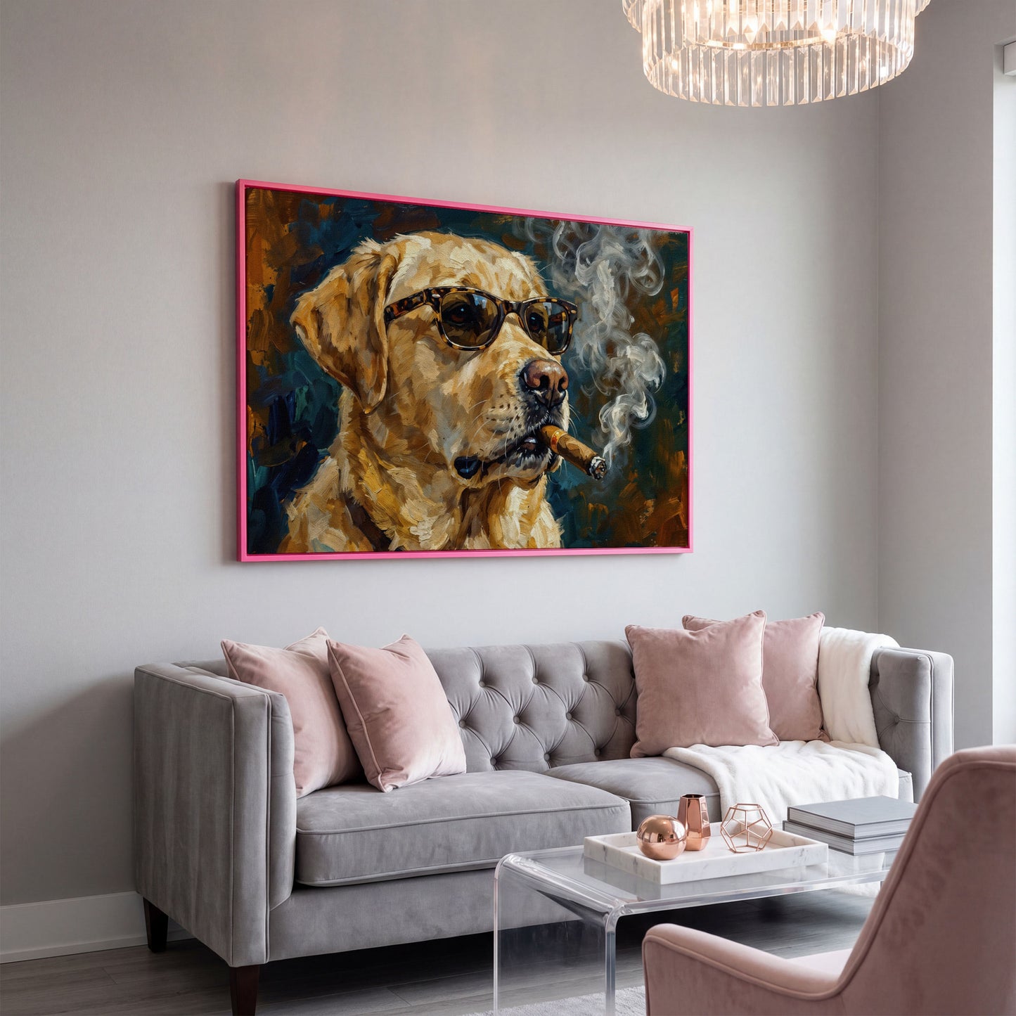 Golden Retriever in Sunglasses and Cigar Canvas Wall Art in pink floating frame