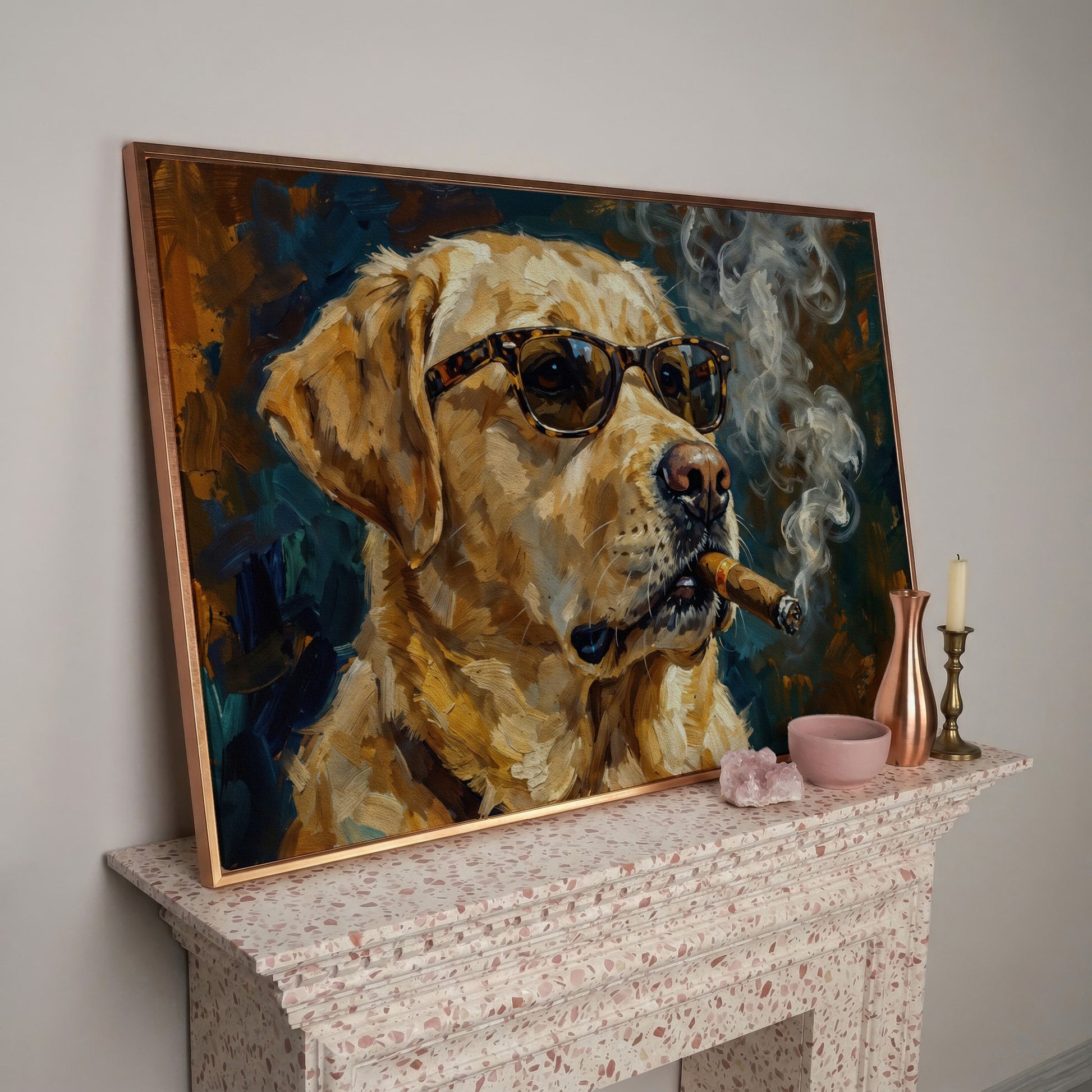 Golden Retriever in Sunglasses and Cigar Canvas Wall Art in rose gold floating frame