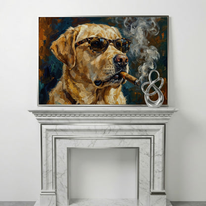 Golden Retriever in Sunglasses and Cigar Canvas Wall Art in silver floating frame