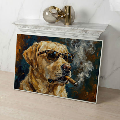 Golden Retriever in Sunglasses and Cigar Canvas Wall Art in white floating frame