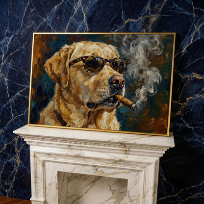 Golden Retriever in Sunglasses and Cigar Canvas Wall Art in yellow gold floating frame