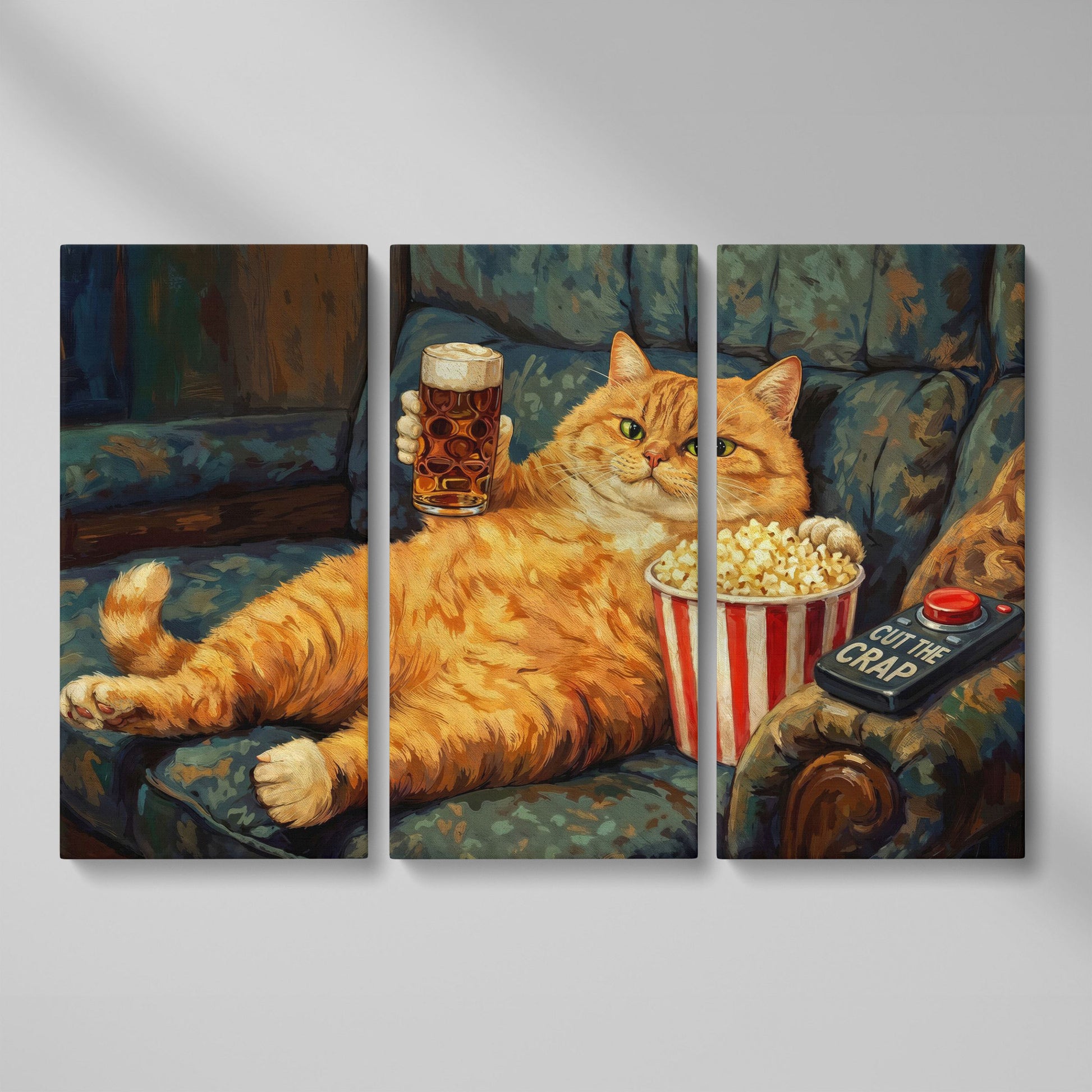 Cut the Crap Cat Canvas Art, Funny Tabby on Couch with Beer as 3-panel split version