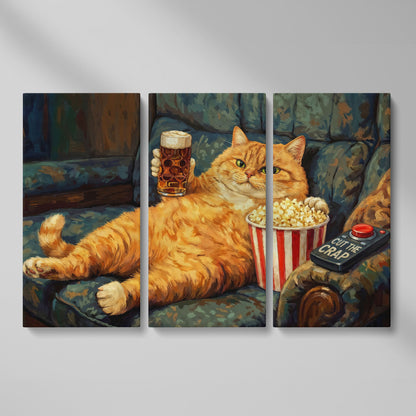 Cut the Crap Cat Canvas Art, Funny Tabby on Couch with Beer as 3-panel split version