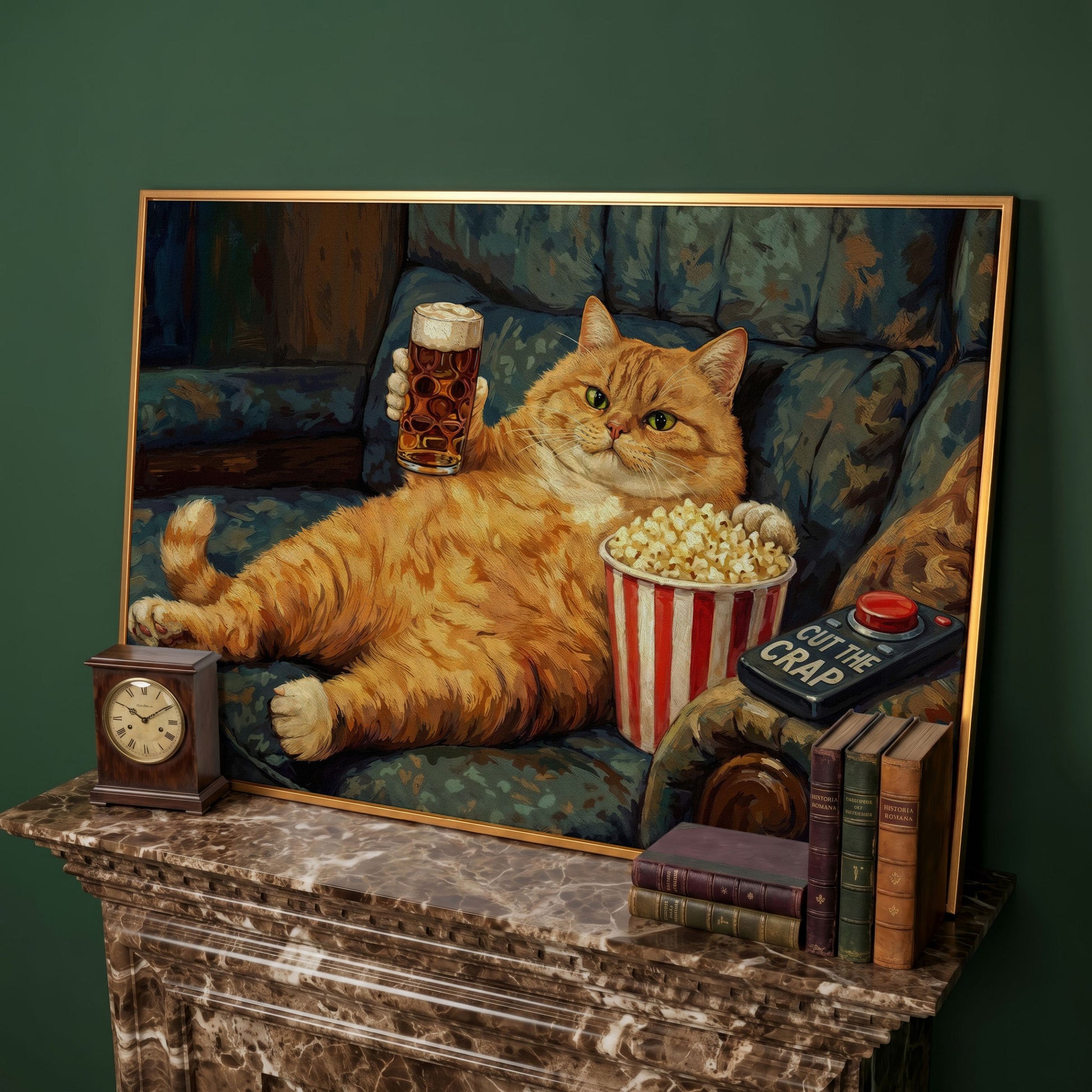 Cut the Crap Cat Canvas Art, Funny Tabby on Couch with Beer in antique gold floating frame