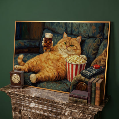 Cut the Crap Cat Canvas Art, Funny Tabby on Couch with Beer in antique gold floating frame