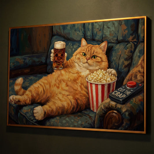 Cut the Crap Cat Canvas Art, Funny Tabby on Couch with Beer shown in antique gold floating frame