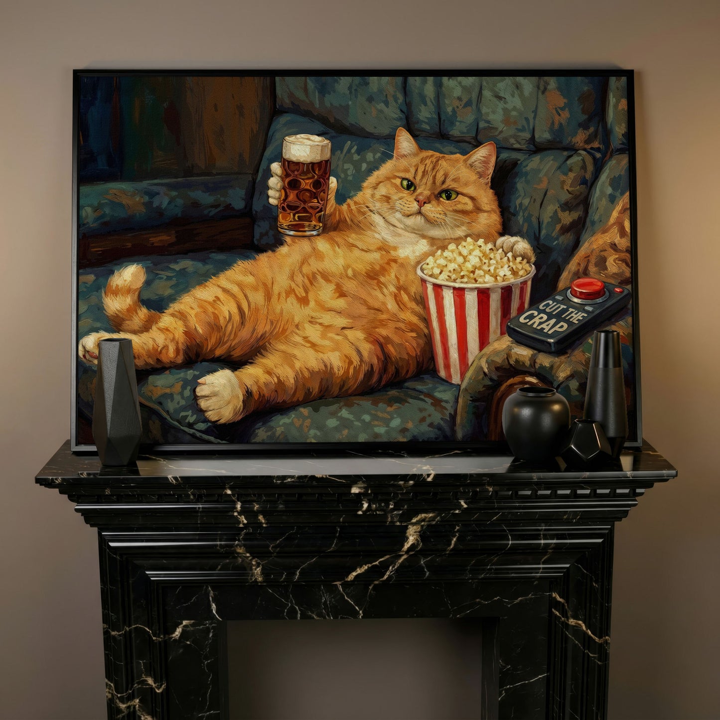 Cut the Crap Cat Canvas Art, Funny Tabby on Couch with Beer in black floating frame
