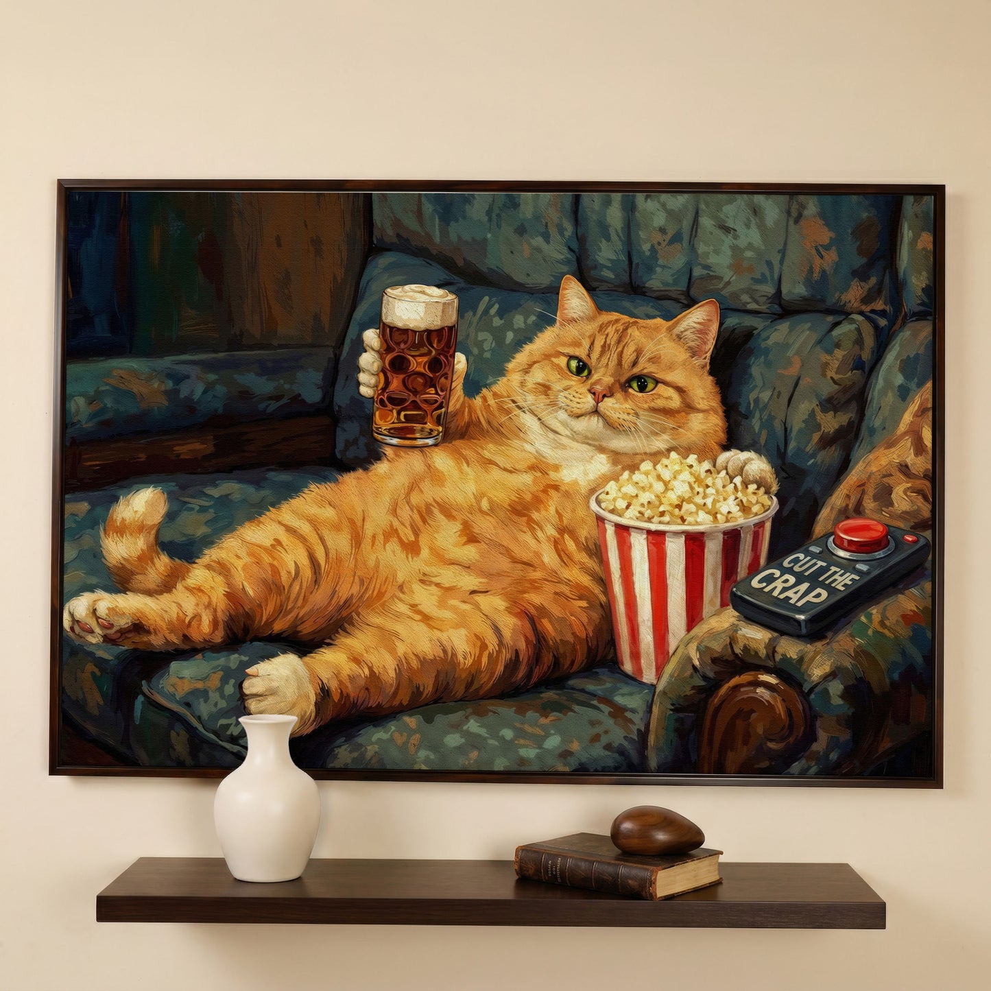 Cut the Crap Cat Canvas Art, Funny Tabby on Couch with Beer in dark walnut floating frame