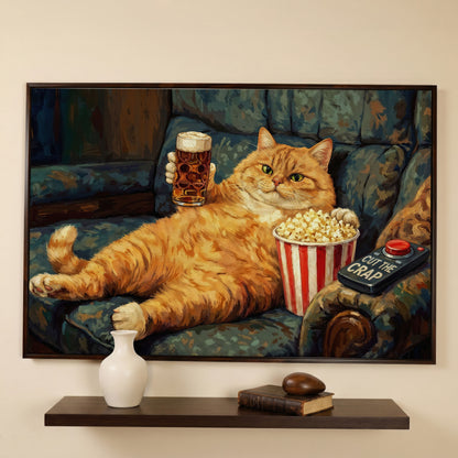 Cut the Crap Cat Canvas Art, Funny Tabby on Couch with Beer in dark walnut floating frame