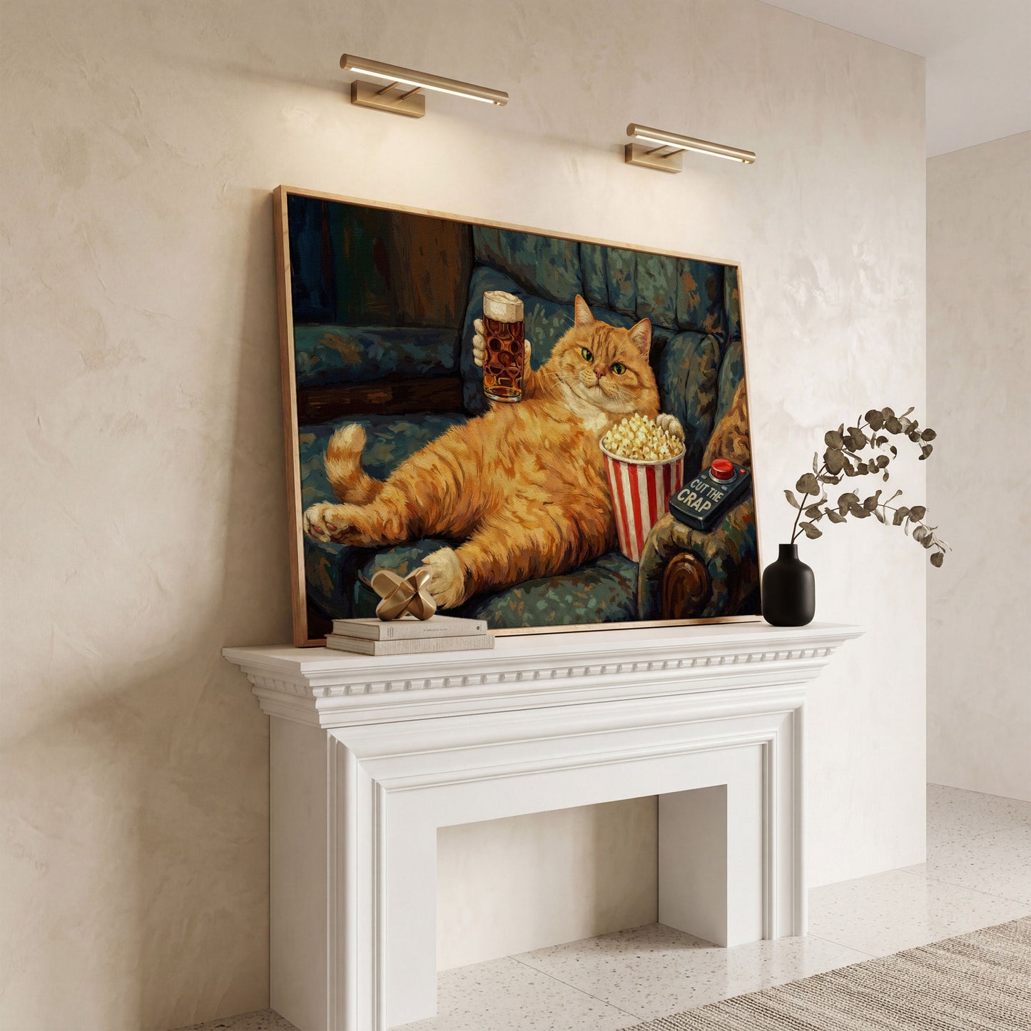 Cut the Crap Cat Canvas Art, Funny Tabby on Couch with Beer in white oak floating frame
