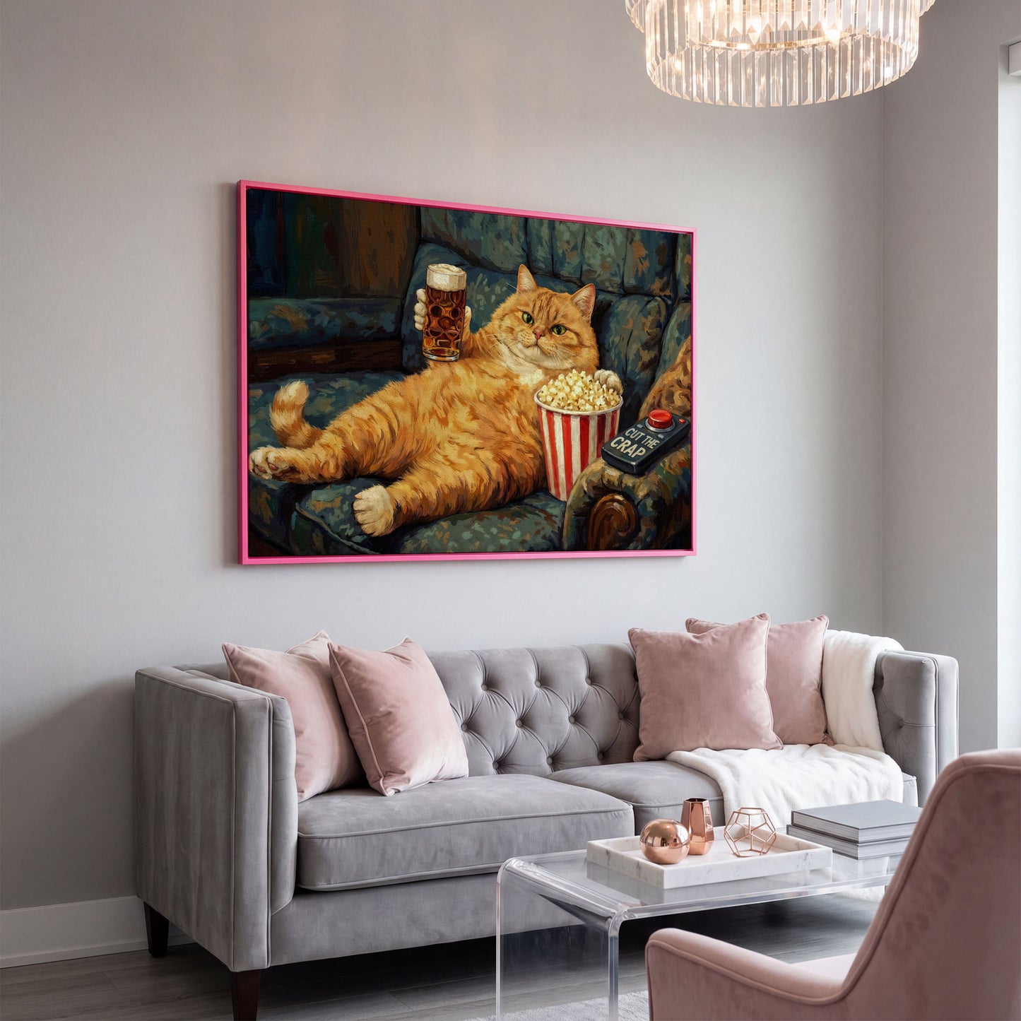Cut the Crap Cat Canvas Art, Funny Tabby on Couch with Beer in pink floating frame