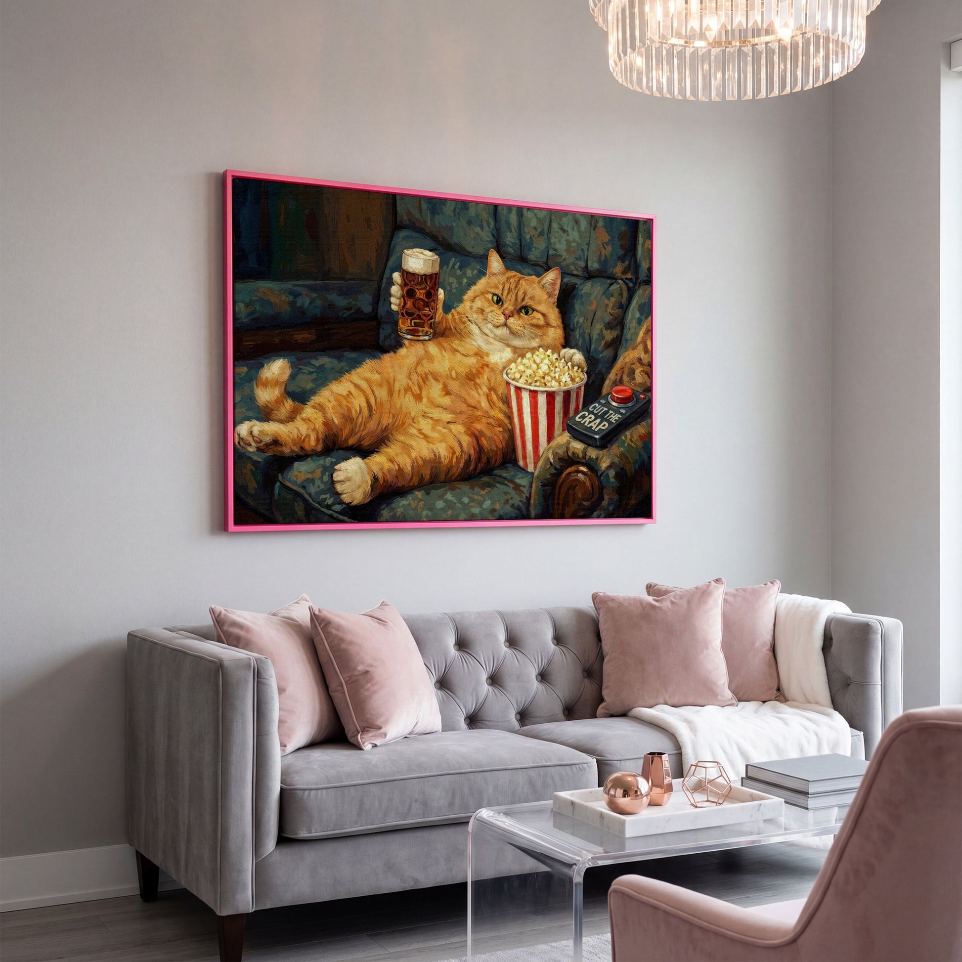Cut the Crap Cat Canvas Art, Funny Tabby on Couch with Beer in pink floating frame