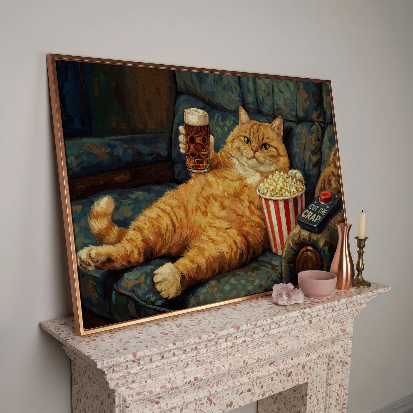 Cut the Crap Cat Canvas Art, Funny Tabby on Couch with Beer in rose gold floating frame