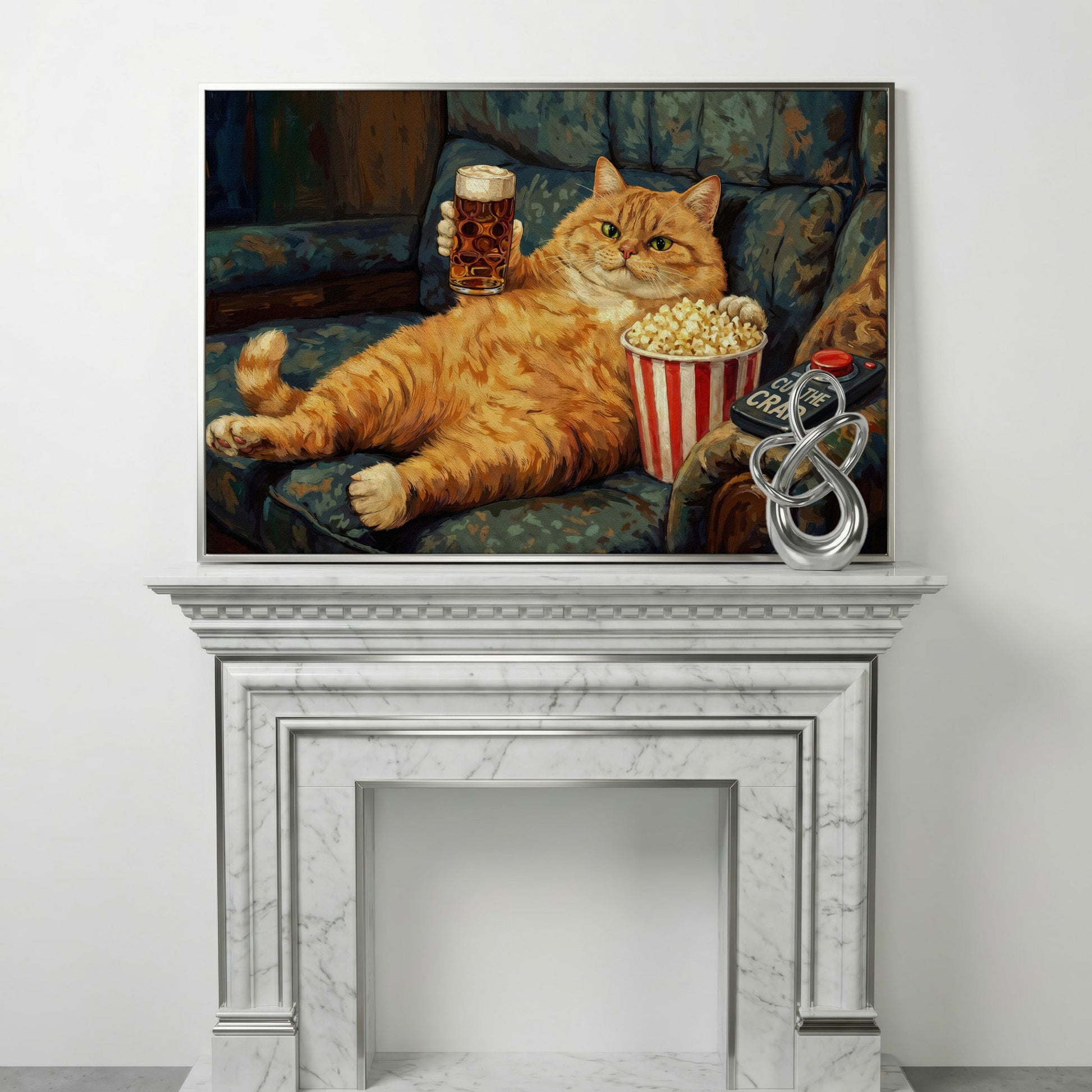 Cut the Crap Cat Canvas Art, Funny Tabby on Couch with Beer in silver floating frame