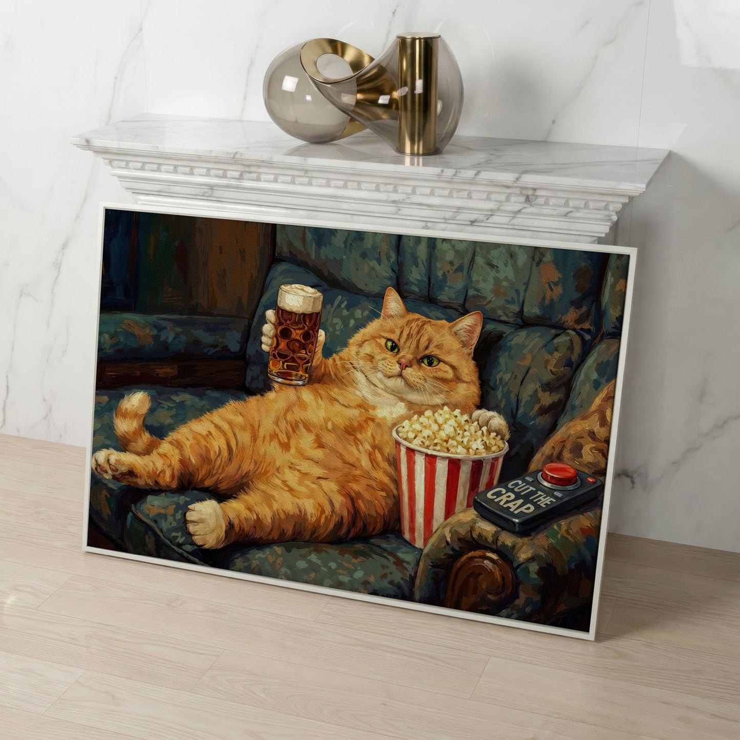 Cut the Crap Cat Canvas Art, Funny Tabby on Couch with Beer in white floating frame