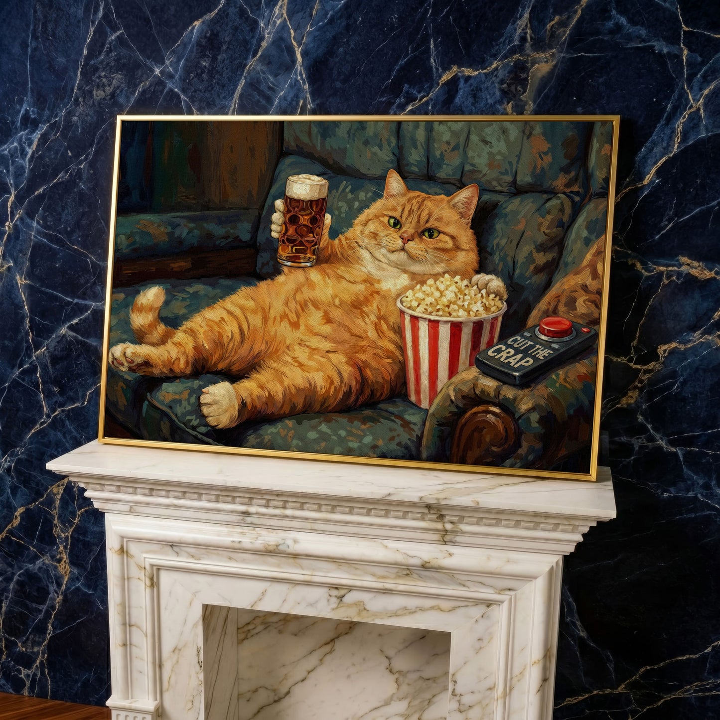 Cut the Crap Cat Canvas Art, Funny Tabby on Couch with Beer in yellow gold floating frame