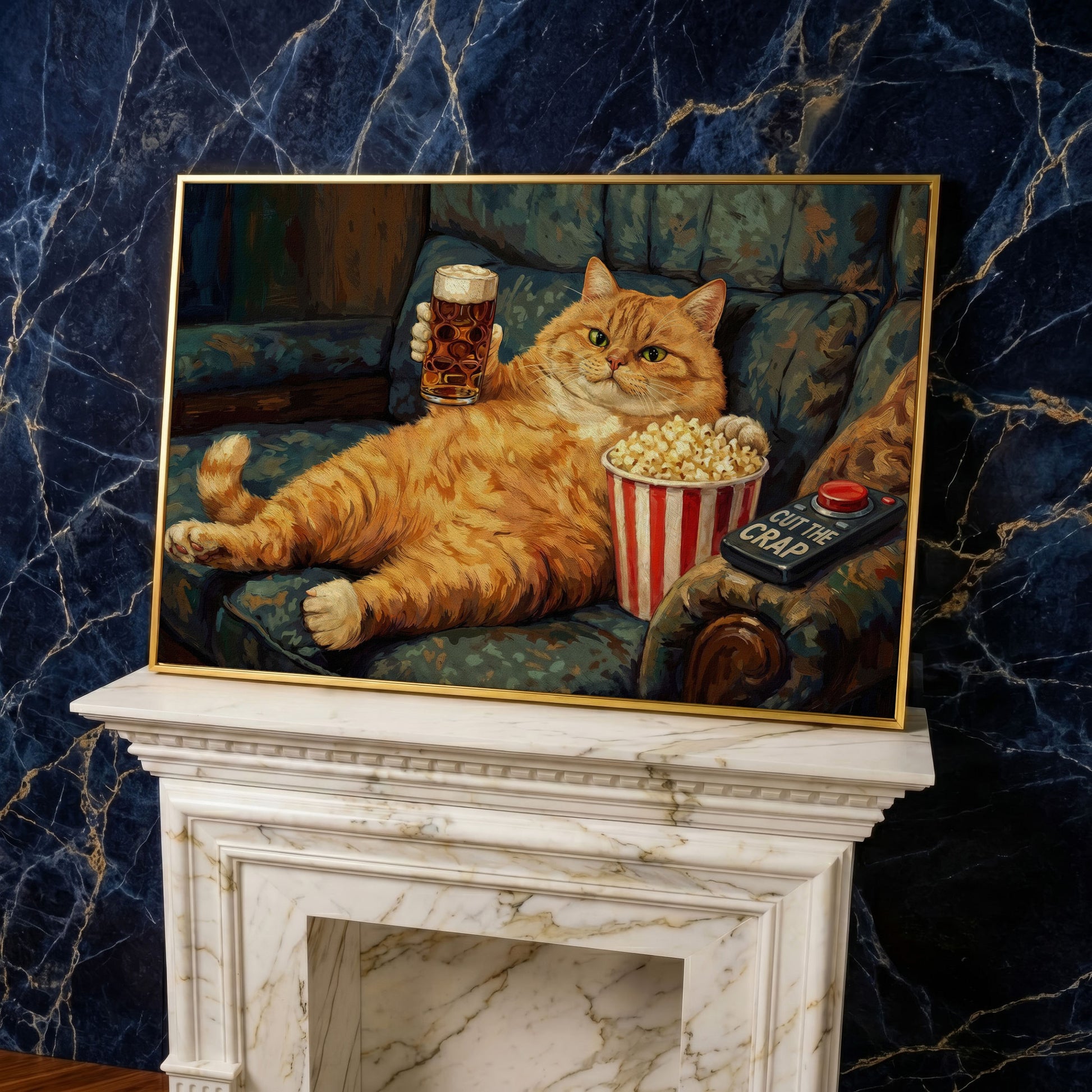 Cut the Crap Cat Canvas Art, Funny Tabby on Couch with Beer in yellow gold floating frame