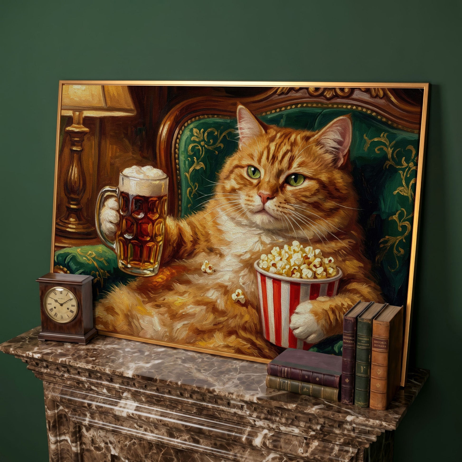 Ginger Cat with Beer and Popcorn Canvas Art, Funny Animal Print in antique gold floating frame