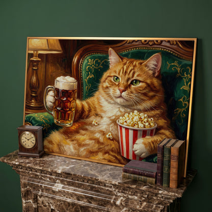 Ginger Cat with Beer and Popcorn Canvas Art, Funny Animal Print in antique gold floating frame
