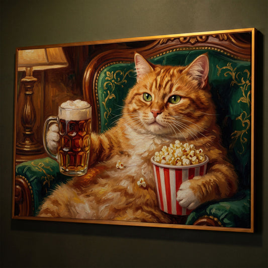 Ginger Cat with Beer and Popcorn Canvas Art, Funny Animal Print shown in antique gold floating frame