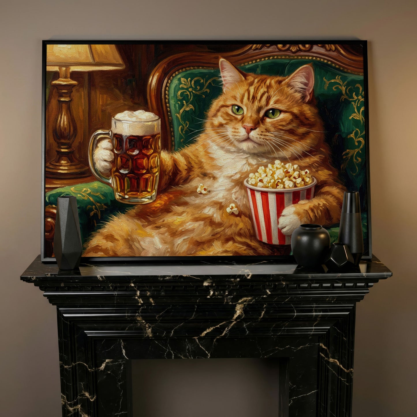 Ginger Cat with Beer and Popcorn Canvas Art, Funny Animal Print in black floating frame