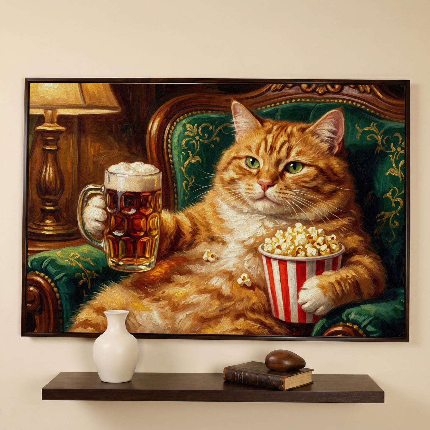 Ginger Cat with Beer and Popcorn Canvas Art, Funny Animal Print in dark walnut floating frame