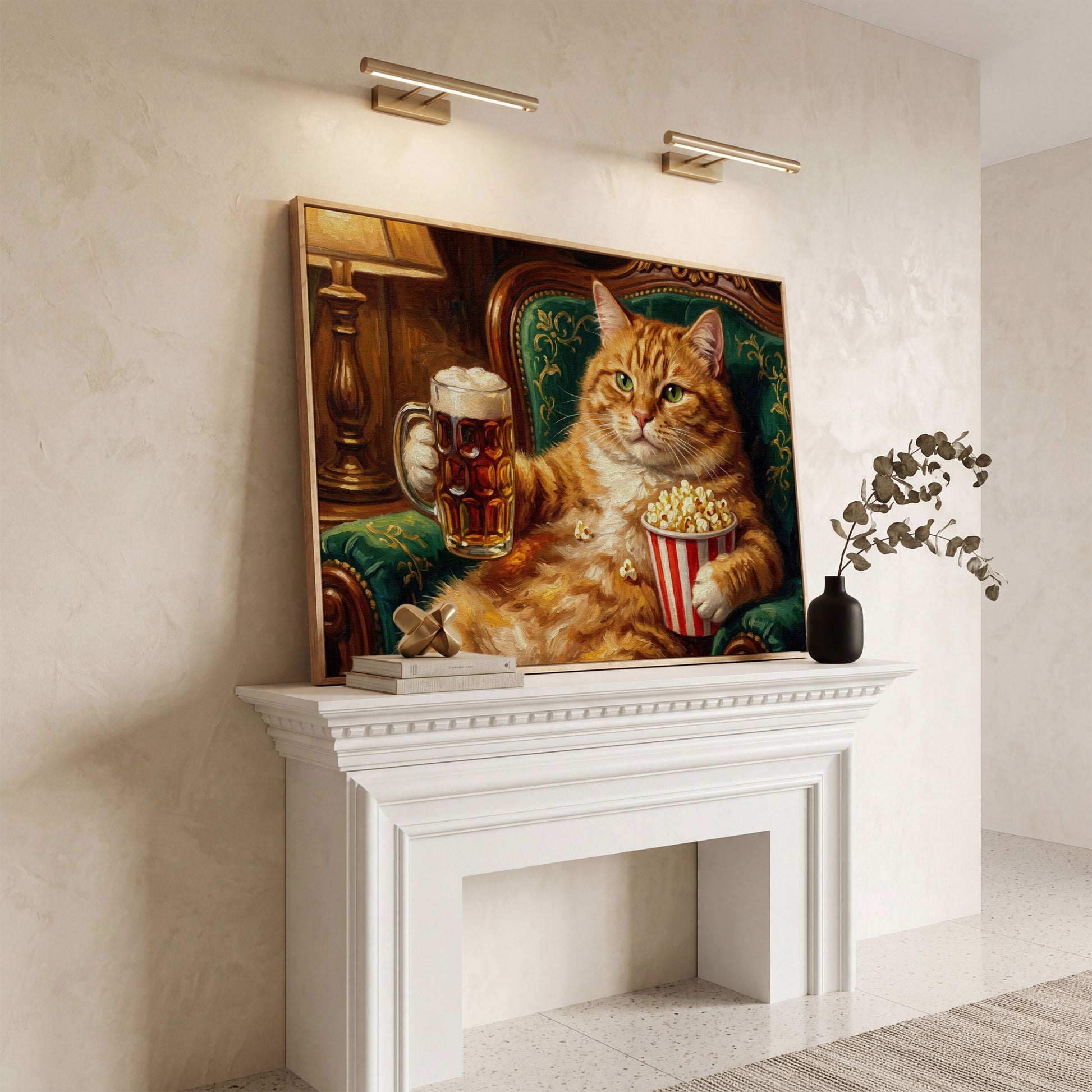 Ginger Cat with Beer and Popcorn Canvas Art, Funny Animal Print in white oak floating frame