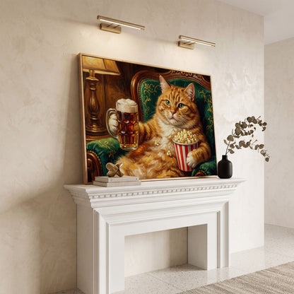 Ginger Cat with Beer and Popcorn Canvas Art, Funny Animal Print in white oak floating frame