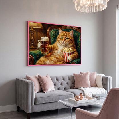 Ginger Cat with Beer and Popcorn Canvas Art, Funny Animal Print in pink floating frame