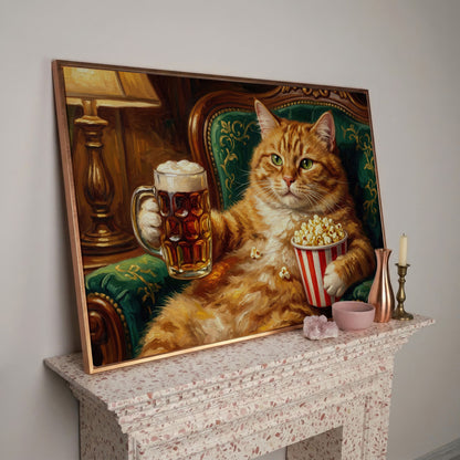 Ginger Cat with Beer and Popcorn Canvas Art, Funny Animal Print in rose gold floating frame