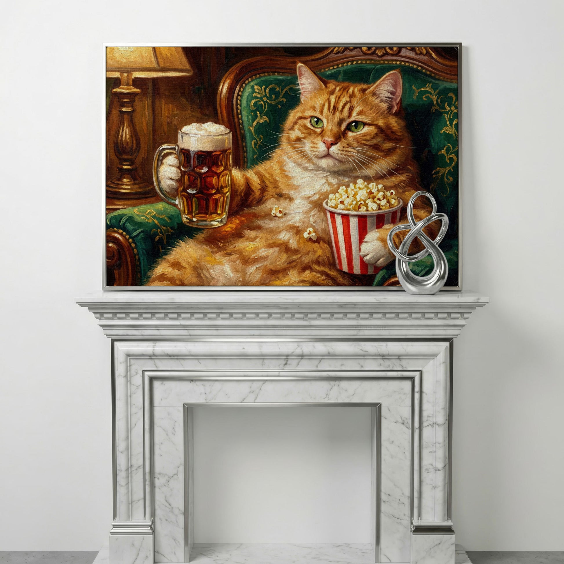 Ginger Cat with Beer and Popcorn Canvas Art, Funny Animal Print in silver floating frame