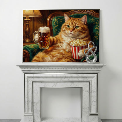 Ginger Cat with Beer and Popcorn Canvas Art, Funny Animal Print in silver floating frame