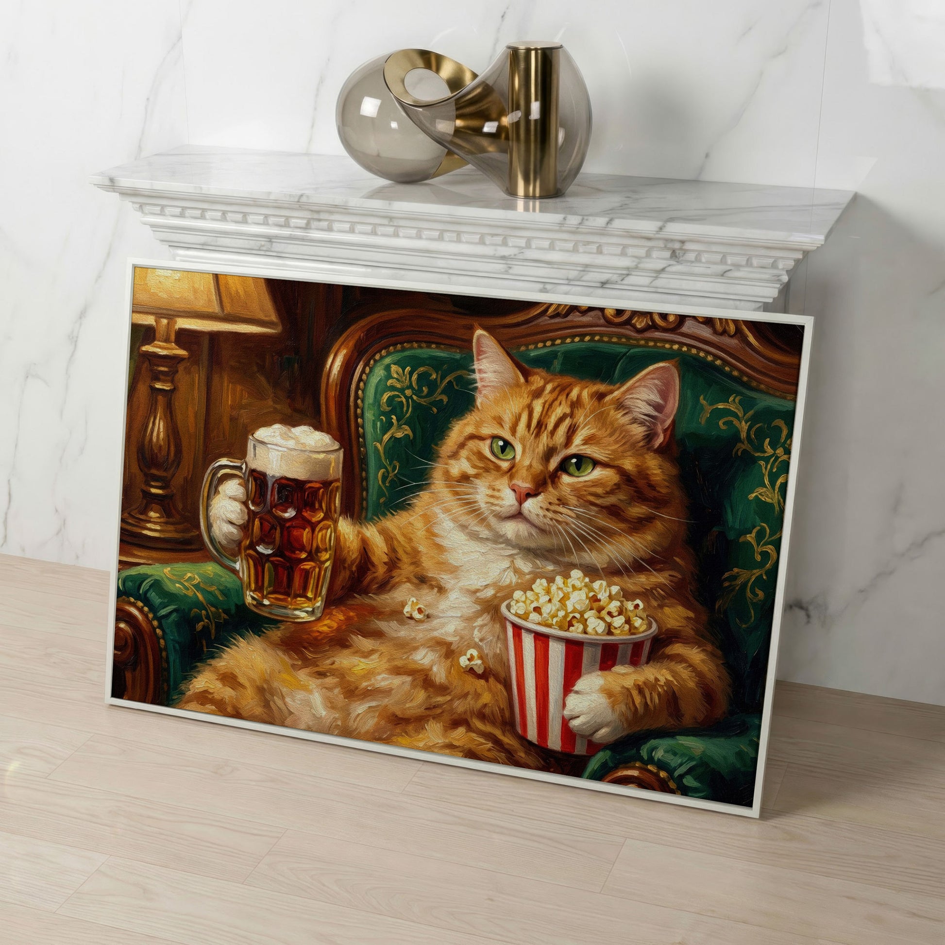Ginger Cat with Beer and Popcorn Canvas Art, Funny Animal Print in white floating frame